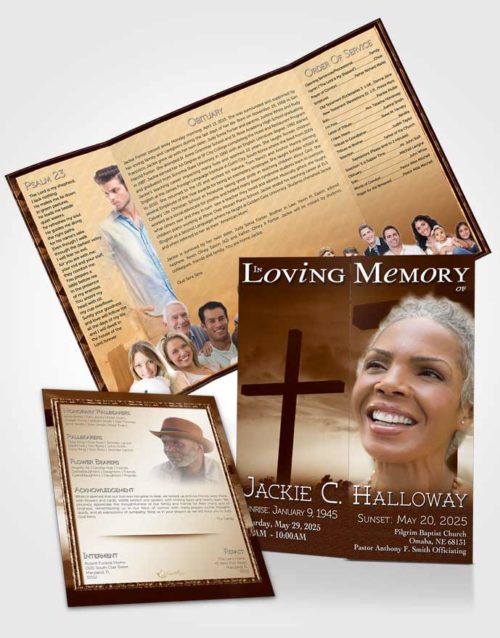 Obituary Funeral Template Gatefold Memorial Brochure Golden Cross in the Sky