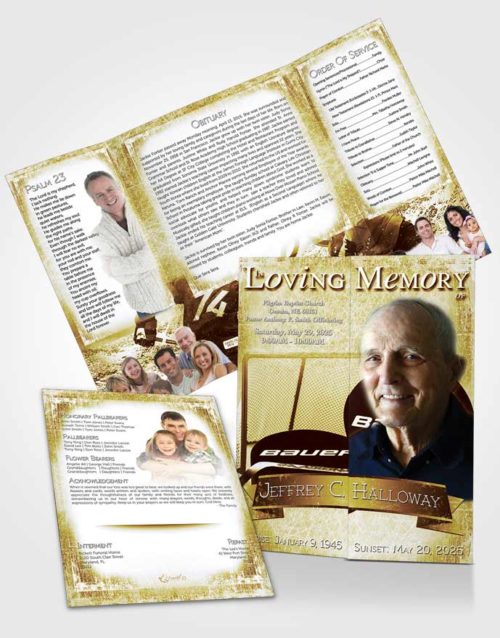 Obituary Funeral Template Gatefold Memorial Brochure Golden Hockey Star