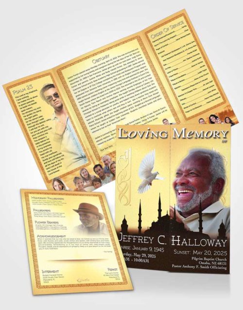 Obituary Funeral Template Gatefold Memorial Brochure Golden Islamic Serenity