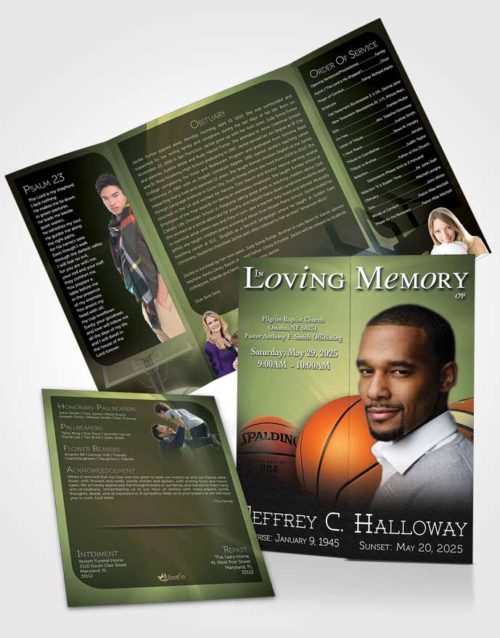 Obituary Funeral Template Gatefold Memorial Brochure Golden Leaf Basketball Lover Dark