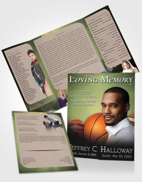 Obituary Funeral Template Gatefold Memorial Brochure Golden Leaf Basketball Lover Light