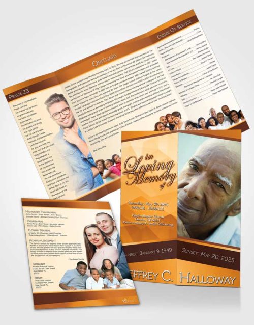 Obituary Funeral Template Gatefold Memorial Brochure Golden Peach Tranquility Light
