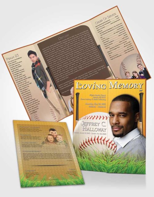 Obituary Funeral Template Gatefold Memorial Brochure Golden Sunrise Baseball Star Light