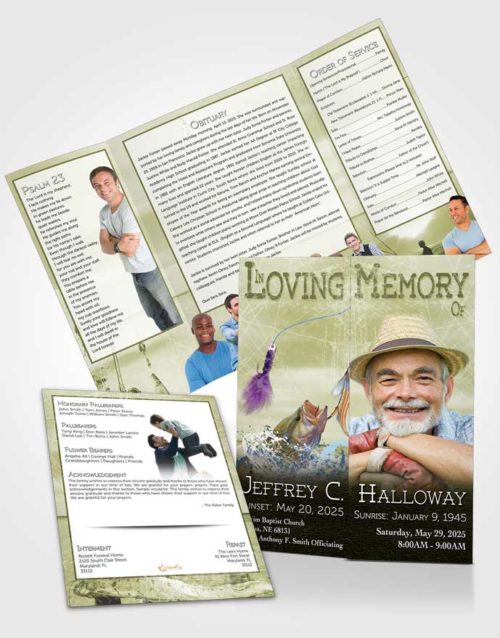 Obituary Funeral Template Gatefold Memorial Brochure Golden Waters Calm Fisherman