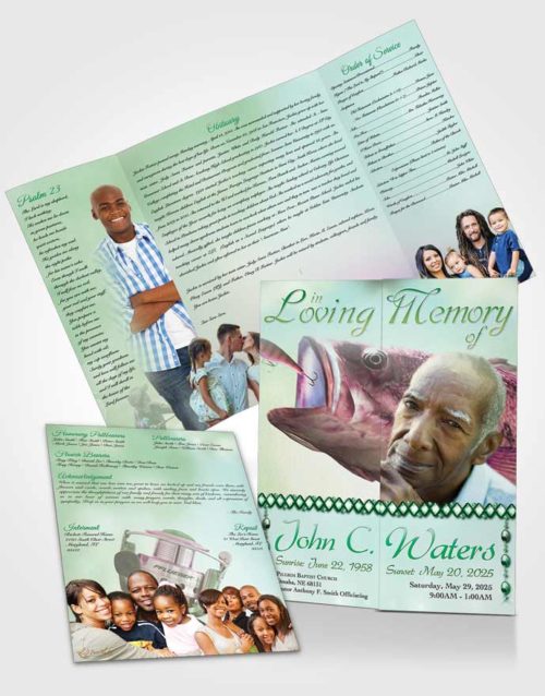 Obituary Funeral Template Gatefold Memorial Brochure Gone Fishing Emerald Waters