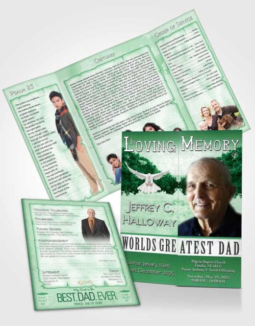 Obituary Funeral Template Gatefold Memorial Brochure Greatest Dad Glowing Emerald