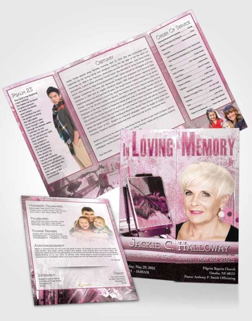 Obituary Funeral Template Gatefold Memorial Brochure Heavenly Pink Painters Paradise