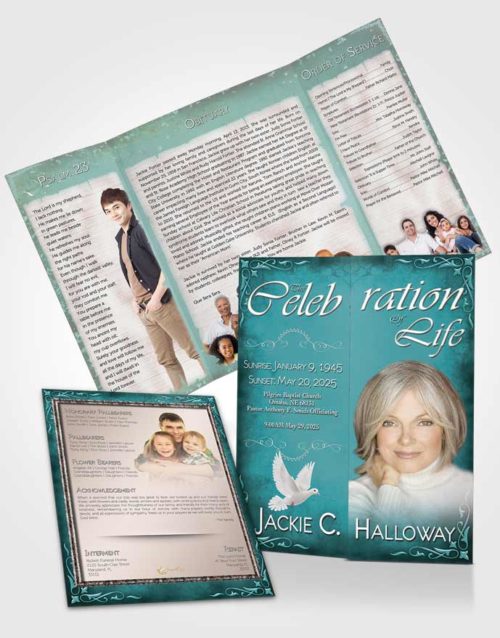 Obituary Funeral Template Gatefold Memorial Brochure Heavens Touch Soft Turquoise Breeze