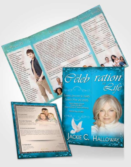 Obituary Funeral Template Gatefold Memorial Brochure Heavens Touch Turquoise Laughter