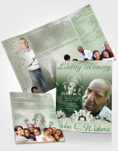 Obituary Funeral Template Gatefold Memorial Brochure Hinduism Glory Emerald Glow