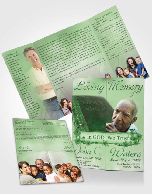 Obituary Funeral Template Gatefold Memorial Brochure Holy Bible Emerald Glow