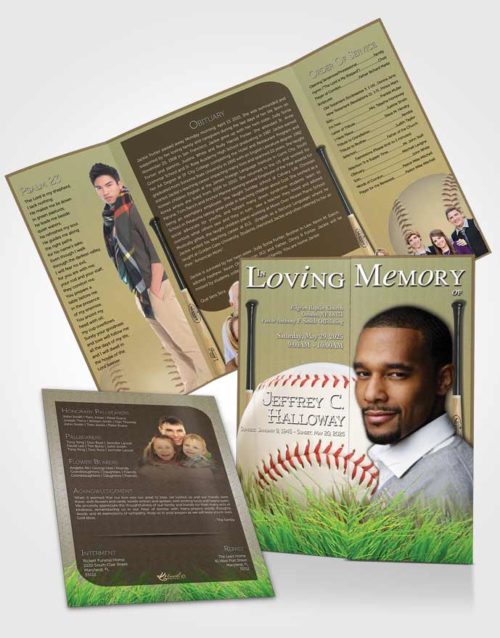 Obituary Funeral Template Gatefold Memorial Brochure Home Run Baseball Star Dark