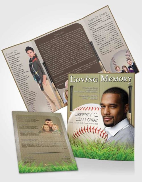 Obituary Funeral Template Gatefold Memorial Brochure Home Run Baseball Star Light