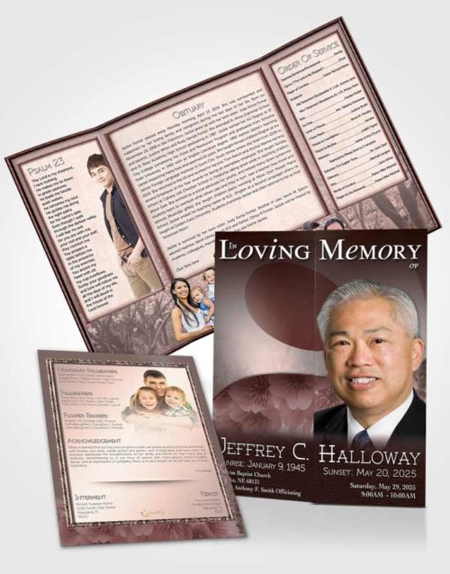 Obituary Funeral Template Gatefold Memorial Brochure Japanese Burgundy Blossoms