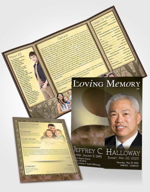 Obituary Funeral Template Gatefold Memorial Brochure Japanese Golden Blossoms