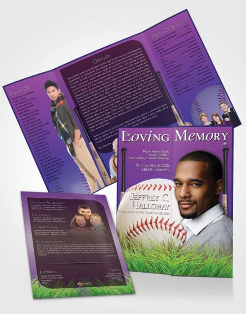 Obituary Funeral Template Gatefold Memorial Brochure Lavender Love Baseball Star Dark