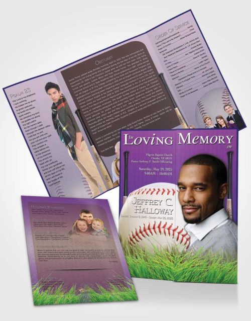 Obituary Funeral Template Gatefold Memorial Brochure Lavender Love Baseball Star Light