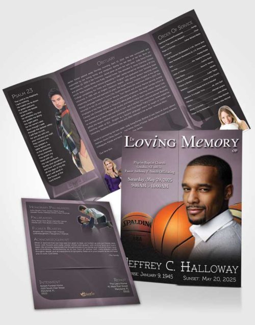 Obituary Funeral Template Gatefold Memorial Brochure Lavender Mist Basketball Lover Dark