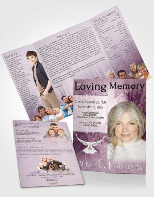 Obituary Funeral Template Gatefold Memorial Brochure Lavender Sunrise Walk in the Woods