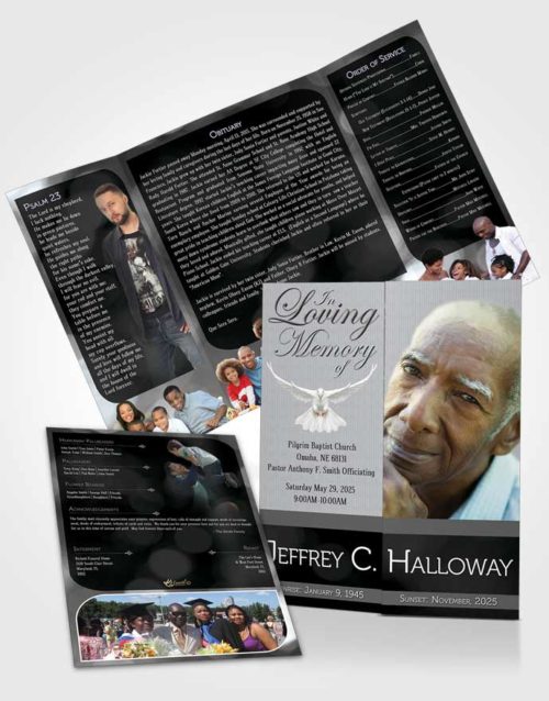 Obituary Funeral Template Gatefold Memorial Brochure Majestic Black and White Dark