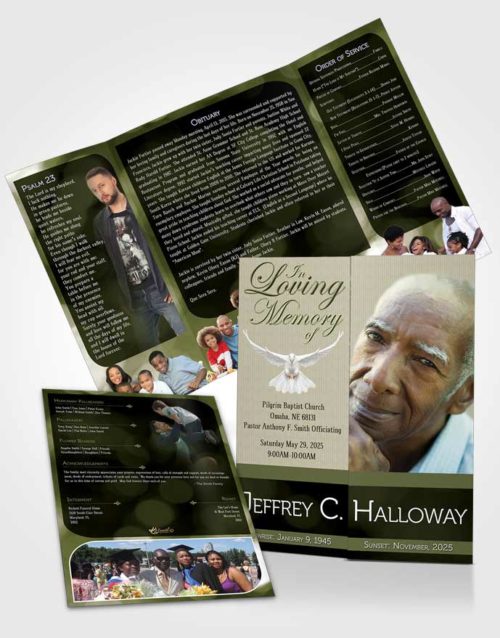 Obituary Funeral Template Gatefold Memorial Brochure Majestic Emerald Mist Dark