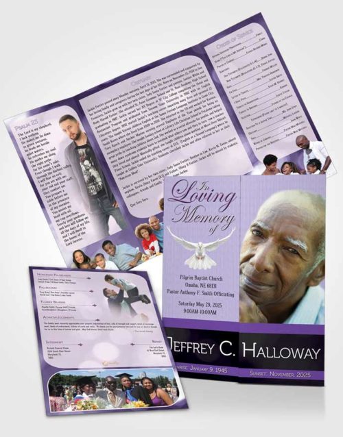 Obituary Funeral Template Gatefold Memorial Brochure Majestic Lavender Rain Light