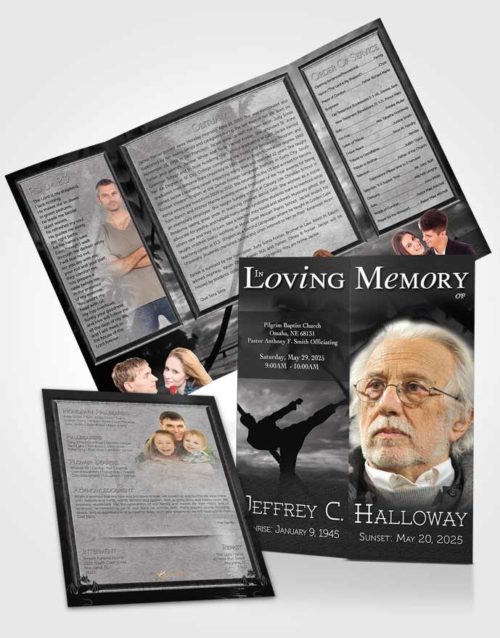 Obituary Funeral Template Gatefold Memorial Brochure Martial Arts Black and White
