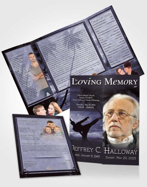 Obituary Funeral Template Gatefold Memorial Brochure Martial Arts Blue Sunset