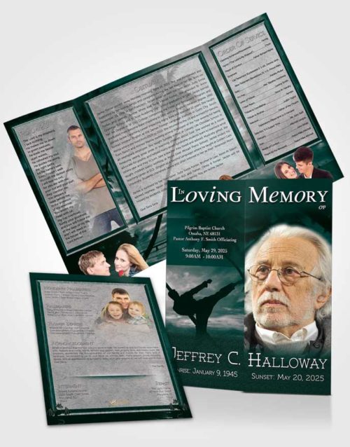 Obituary Funeral Template Gatefold Memorial Brochure Martial Arts Turquoise Sunset
