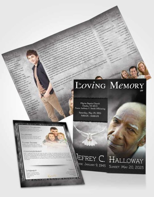 Obituary Funeral Template Gatefold Memorial Brochure Misty Black and White Clouds