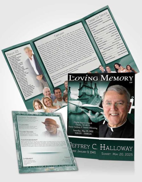 Obituary Funeral Template Gatefold Memorial Brochure Misty Sky Heavenly Priest