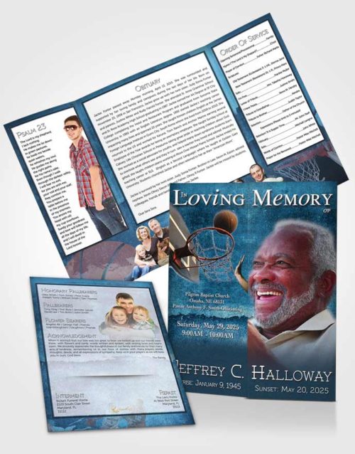 Obituary Funeral Template Gatefold Memorial Brochure Ocean Blue Basketball Star
