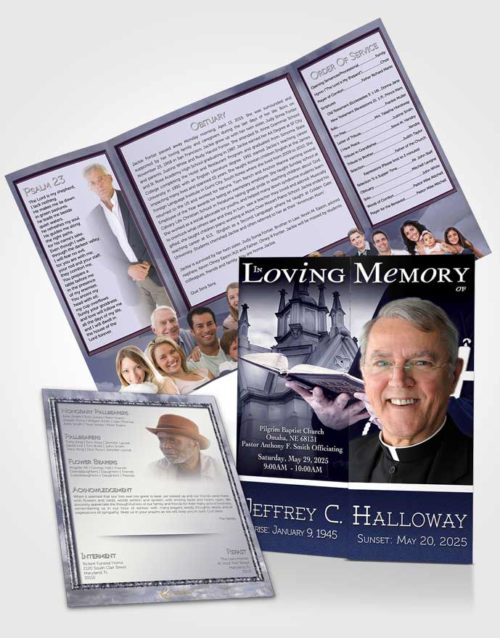 Obituary Funeral Template Gatefold Memorial Brochure Ocean Blue Heavenly Priest