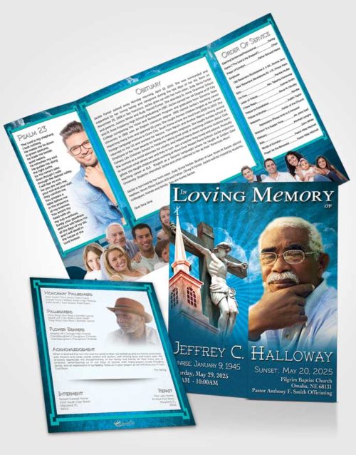 Obituary Funeral Template Gatefold Memorial Brochure Ocean Escape Christian Faith