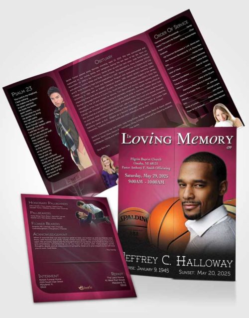 Obituary Funeral Template Gatefold Memorial Brochure Pink Basketball Lover Dark