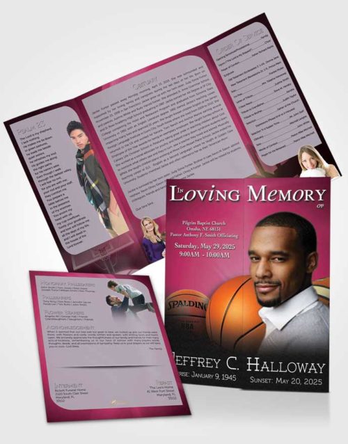 Obituary Funeral Template Gatefold Memorial Brochure Pink Basketball Lover Light
