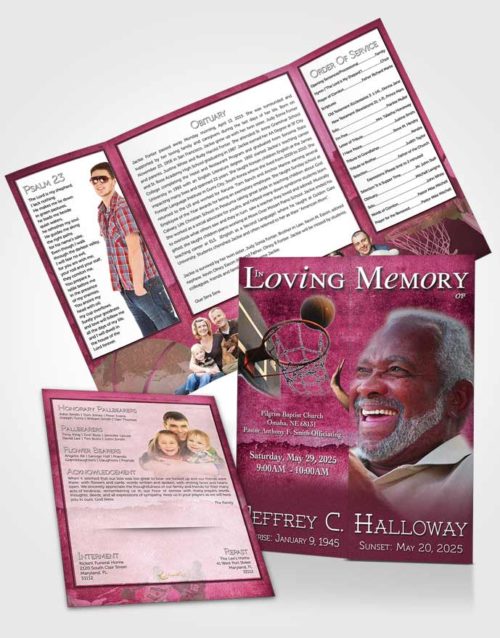 Obituary Funeral Template Gatefold Memorial Brochure Pink Basketball Star