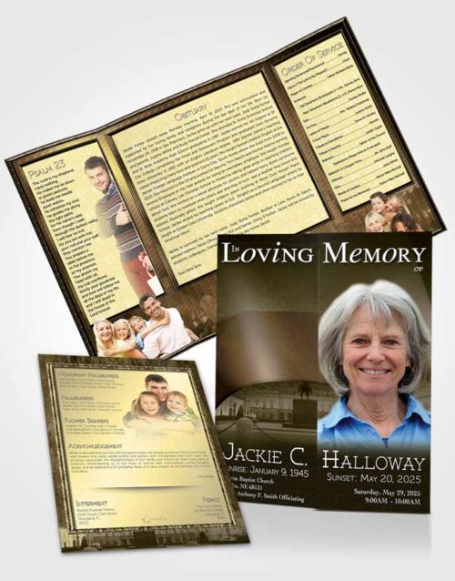 Obituary Funeral Template Gatefold Memorial Brochure Polish Golden Serenity