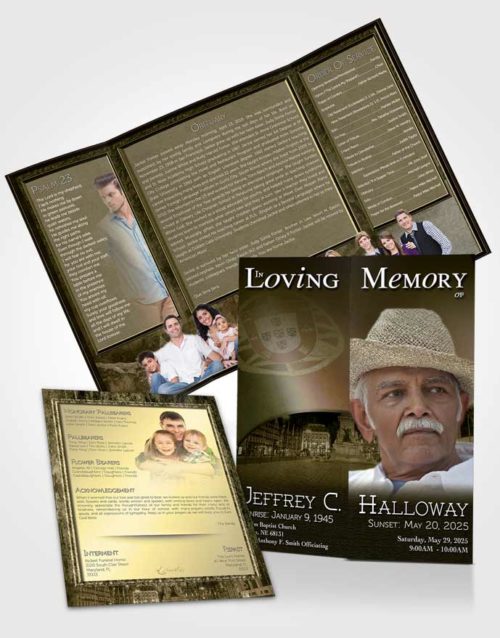 Obituary Funeral Template Gatefold Memorial Brochure Portuguese Golden Serenity