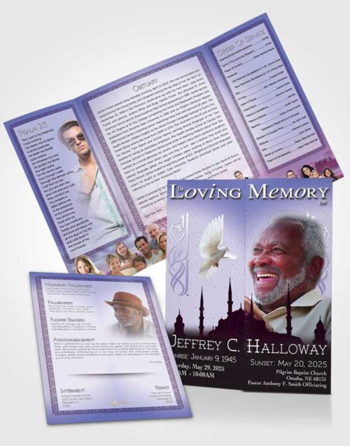 Obituary Funeral Template Gatefold Memorial Brochure Purple Islamic Serenity