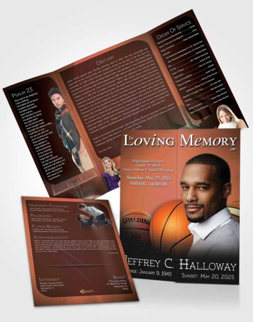 Obituary Funeral Template Gatefold Memorial Brochure Ruby Night Basketball Lover Dark