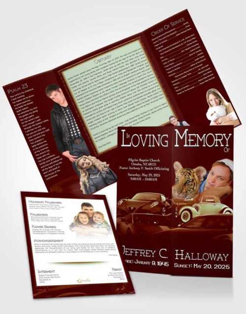 Obituary Funeral Template Gatefold Memorial Brochure Ruby Red Car Enthusiast