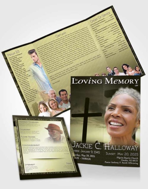 Obituary Funeral Template Gatefold Memorial Brochure Rustic Cross in the Sky