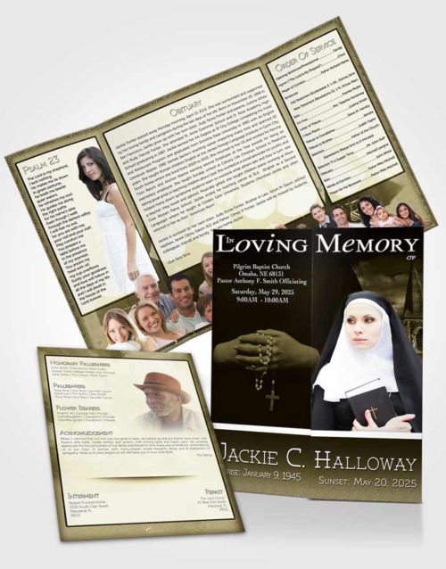 Obituary Funeral Template Gatefold Memorial Brochure Rustic Heavenly Nun