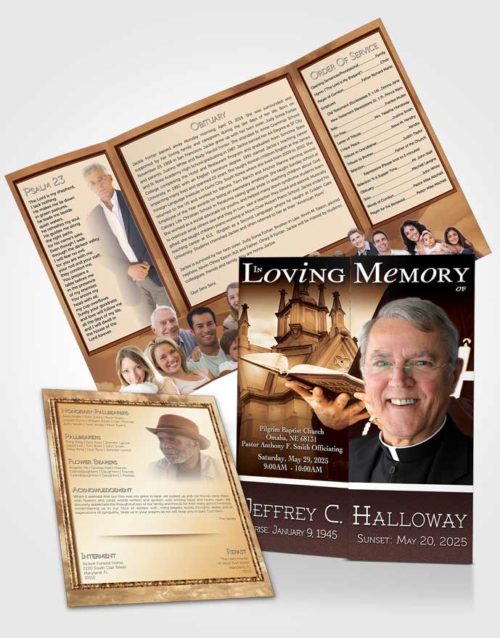 Obituary Funeral Template Gatefold Memorial Brochure Rustic Heavenly Priest