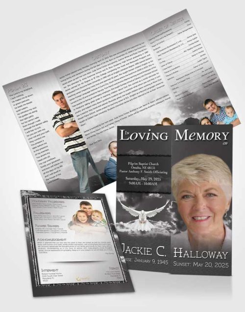 Obituary Funeral Template Gatefold Memorial Brochure Black and White Shinning Clouds