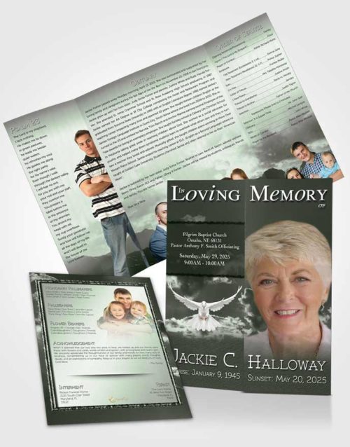 Obituary Funeral Template Gatefold Memorial Brochure Emerald Shinning Clouds