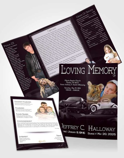 Obituary Funeral Template Gatefold Memorial Brochure Soft Amethyst Car Enthusiast