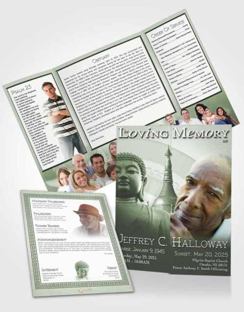 Obituary Funeral Template Gatefold Memorial Brochure Soft Emerald Buddhist Faith