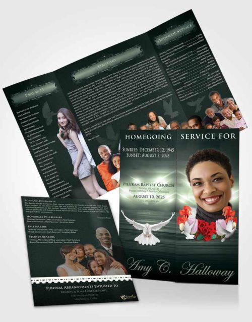 Obituary Funeral Template Gatefold Memorial Brochure Soft Emerald Delightful Doves